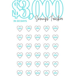 Puede incluir: Un rastreador de ahorro blanco con texto turquesa y cajas en forma de corazón. El texto dice "$3,000 en 30 días" y "Rastreador de ahorro". Cada corazón contiene una cantidad. La parte inferior dice "¡Felicidades, lo hiciste!"