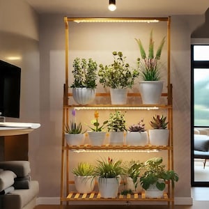 May include: A wooden plant stand with three shelves, each illuminated by a warm LED light. The stand displays various potted plants in white ceramic pots. The plants include leafy greens, succulents, and flowering varieties, creating a vibrant indoor garden.