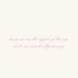 May include: Pink text on a white background reads "keep me as the apple of the eye hide me under thy wings"