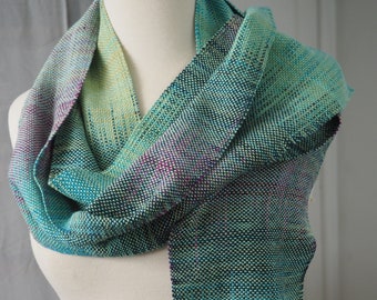 Lilacs in the Garden handwoven scarf in blues greens purples