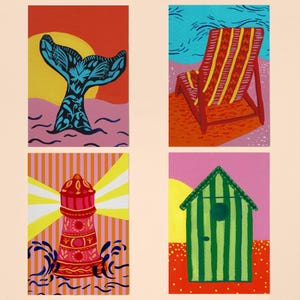 Lot de 4 cartes postales bord de mer – Baleine, chaise de plage, cabine et phare – Illustrations à imprimer