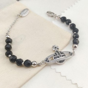 Vivienne Westwood Agate Bracelet Silver CZ Diamond Saturn Pendant Black