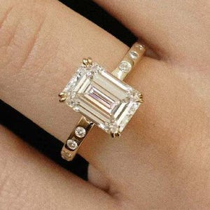 3.60 Ct Emerald Cut Moissanite Engagement Ring, Emerald Cut Ring, Moissanite Engagement Ring, Hidden Halo Ring