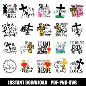 Paquete SVG cristiano Pascua religiosa SVG Jesús Cruz SVG Hola Resucitado svg Versículo bíblico svg Escritura svg Amor Jesús svg png Citas cristianas