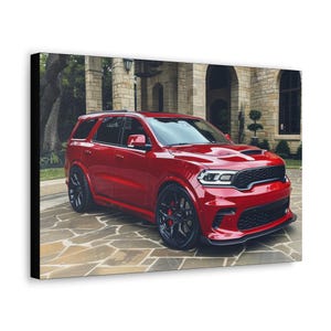 May include: A red Dodge Durango SRT with black accents and black wheels parked in front of a stone building.