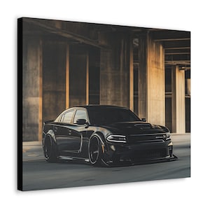 May include: A black Dodge Charger with custom widebody modifications, lowered suspension, and black wheels. The car is parked in front of a concrete structure with pillars.