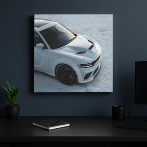 May include: A white sports car with black wheels is depicted on a canvas print. The car has a sleek design with a hood scoop and a sunroof. The background shows a snowy landscape, enhancing the car's presence.