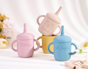 Custom Name Silicone Sippy Cup with Straw for Baby 6+ Months,No Spill,Personalized Engraved Toddler Training Cup Baby Gift Newborn Gift