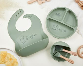 Personalisierte Silikon-Weaning-Set, benutzerdefinierte Baby-Teller, Cartoon-Weaning-Set für Kleinkind-Baby-Kinder, Fütterungsset mit Namen, Babypartygeschenk für sie