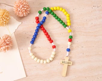 My First Rosary Personalized Multicolored Wooden Rosary,Religious Gifts,Spiritual Gifts for Kids,Easter Basket Stuffer Christening Gift Girl
