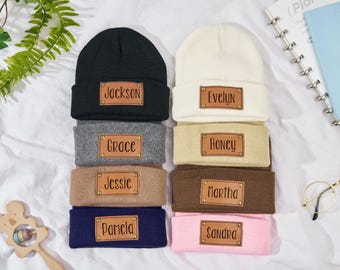 Custom Baby Beanie,Toddler Winter Hat,Kids Youth Child Infant Beanie,Newborn Gift,Engraved Leather Patch Beanie,Personalized Baby Name Hat