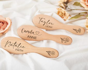 Personalized Baby Brush and Comb Set for Newborn Wooden Baby Brush Personalized Baby Gifts for Girls Boys Birth Flower Baby Hair Brush Set