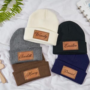 Signature Cursive Custom Name Trucker Hat Infant Toddler Kids Youth Child Baby Newborn Beanie Slouchy Personalized Name Vegan Leather Patch