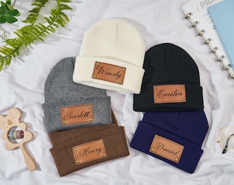 Signature Cursive Custom Name Trucker Hat Infant Toddler Kids Youth Child Baby Newborn Beanie Slouchy Personalized Name Vegan Leather Patch