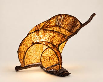 May include: A table lamp featuring a curved, translucent amber-colored shade with a textured, fibrous appearance. The shade is supported by a dark, gnarled wooden branch base that extends outward, creating a warm, glowing light effect.