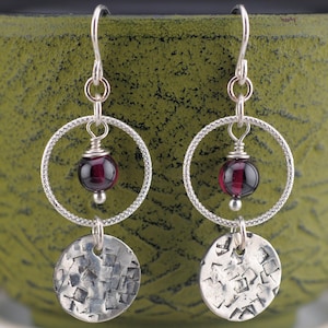 Garnets and Silver Hoops Earrings