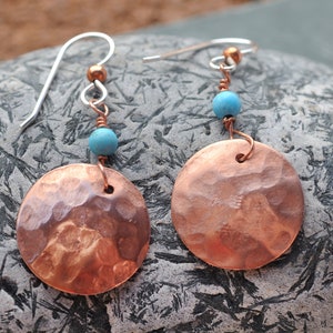 Hammered Copper Earrings with Turquoise Bead