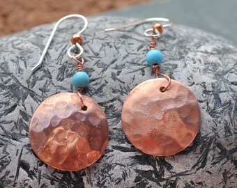 Hammered Copper Earrings with Turquoise Bead