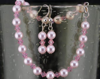 All Pink! Glass Pearl and Crystal Bracelet and Earring Set