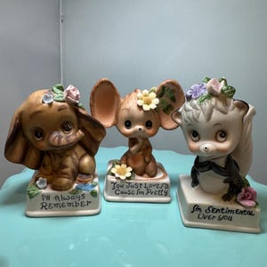 Trio vintage dolce (elefante, puzzola e topo) Figurine in ceramica di Taiwan