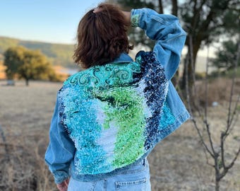 Embellished Denim Jacket with Sequins & Stones - Boho Statement Jean Jacket - One of Kind Gift for Her. Valentin's day gifts. Size M
