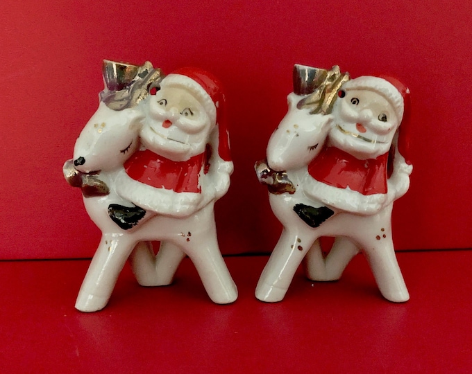 Primitive Santa Riding Reindeer Not Salt and Pepper Set Vintage Christmas MCM midcentury