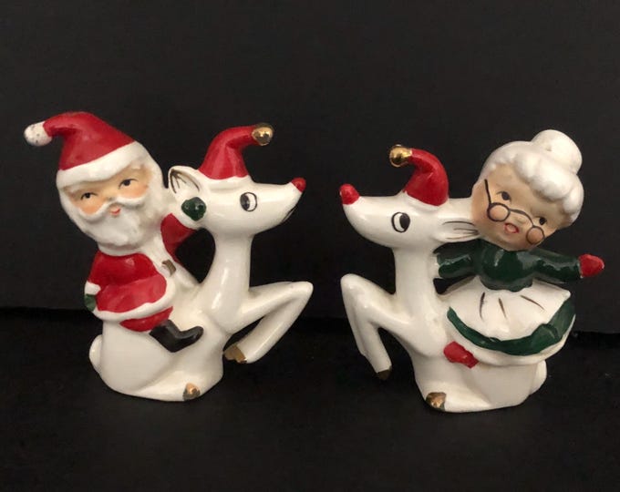 Vintage Atomic Santa and Mrs Claus Riding Reindeer Salt Pepper Shakers MCM midcentury
