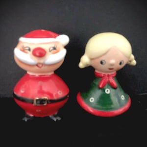 Vintage Christmas Atomic Santa and Girl Salt Pepper Shakers MCM midcentury