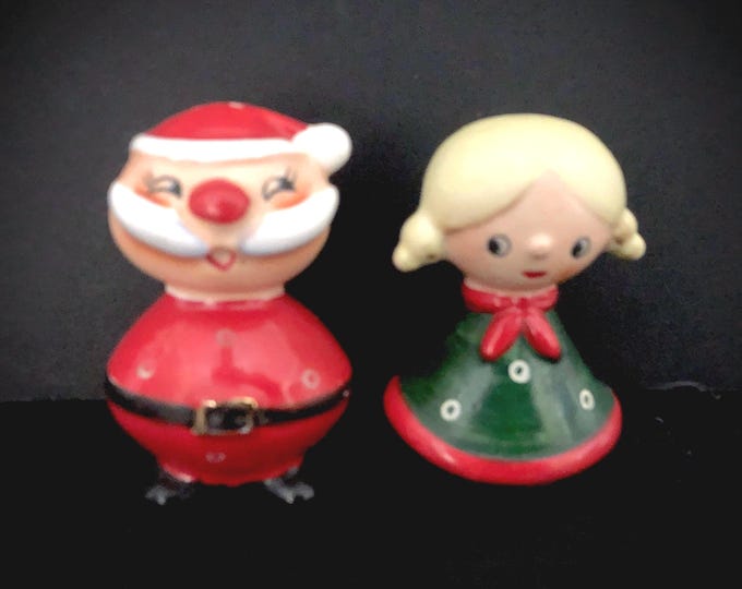 Vintage Christmas Atomic Santa and Girl Salt Pepper Shakers MCM midcentury