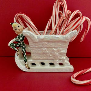 Mint Lefton Vintage Christmas Pixie Sleigh Planter MCM midcentury