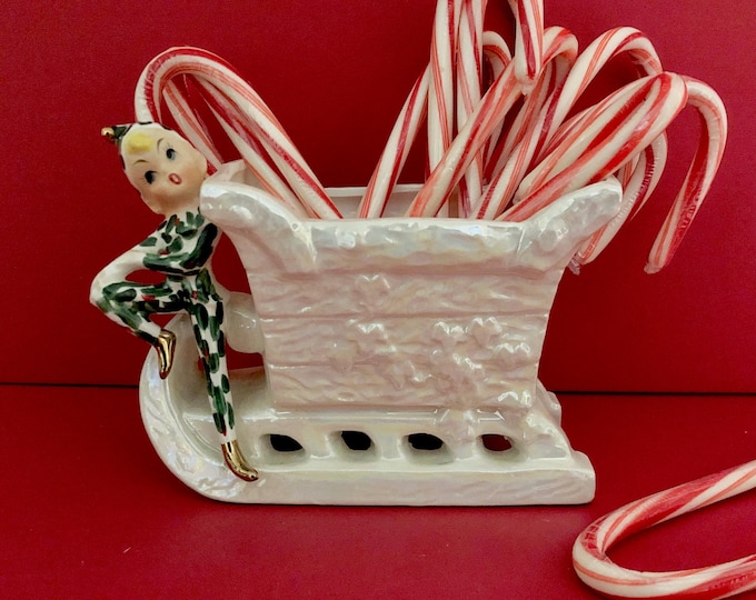 Mint Lefton Vintage Christmas Pixie Sleigh Planter MCM midcentury