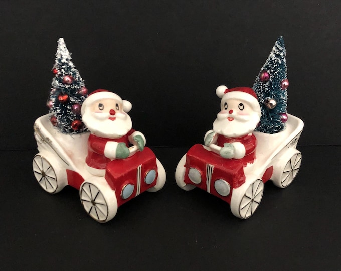 Holt Howard Vintage Christmas Santas in Jalopies Candleholders and hand decorated bottlebrush treesMCM midcentury