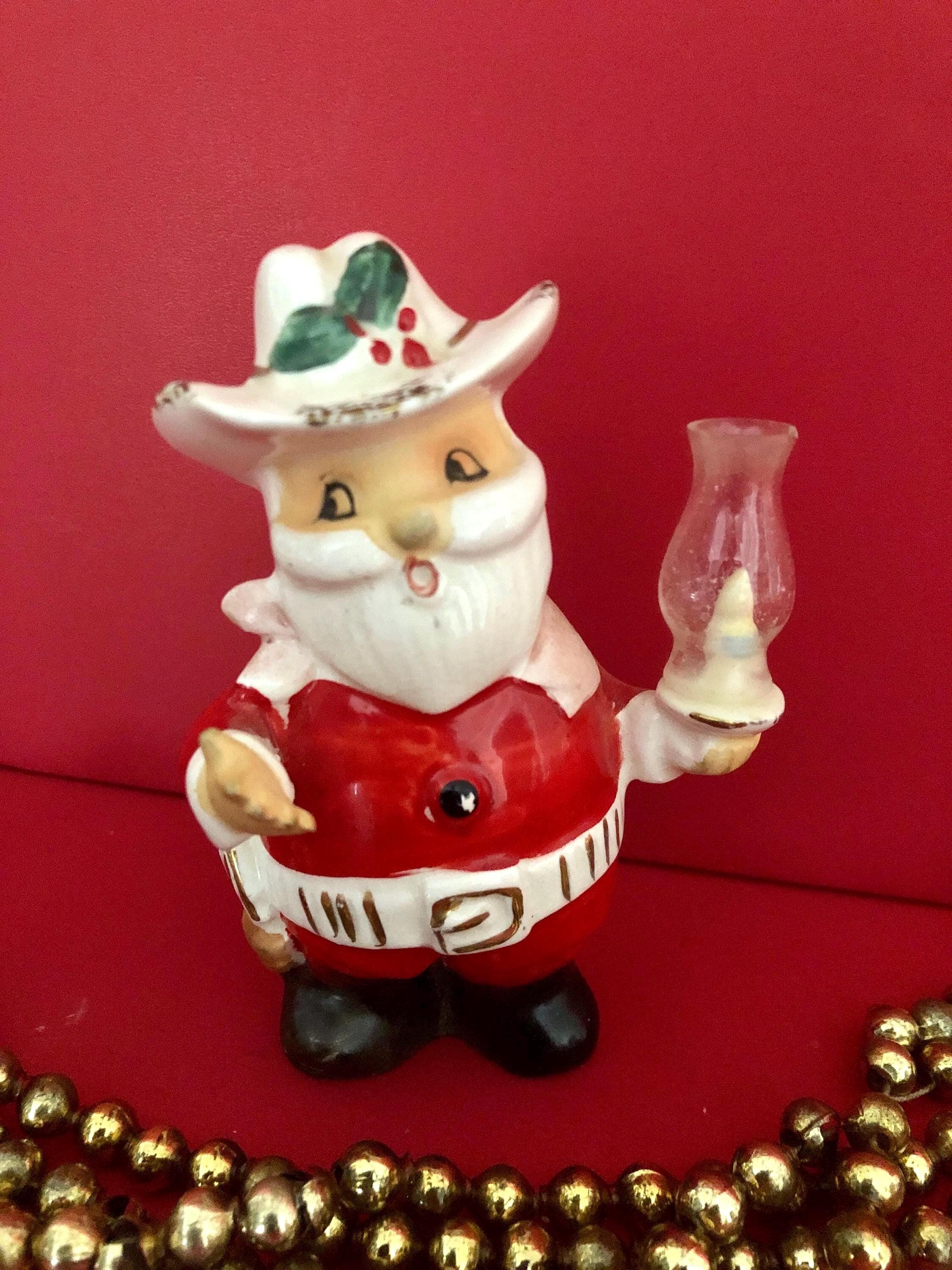 Vintage Christmas Cowboy Santa Holding Hurricane Lamp MCM