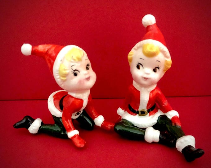 Vintage Christmas Tumbling Santa Girls seated and kneeling MCM midcentury