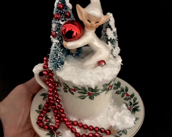 Holt Howard Pixie Vintage Christmas Vignette in a teacup bottlebrush trees mercury glass garland Shiny Brite miniature ornament
