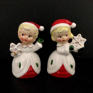 Napco Vintage Christmas Santa Hat Merry Christmas Kids Salt Pepper Shakers MCM midcentury