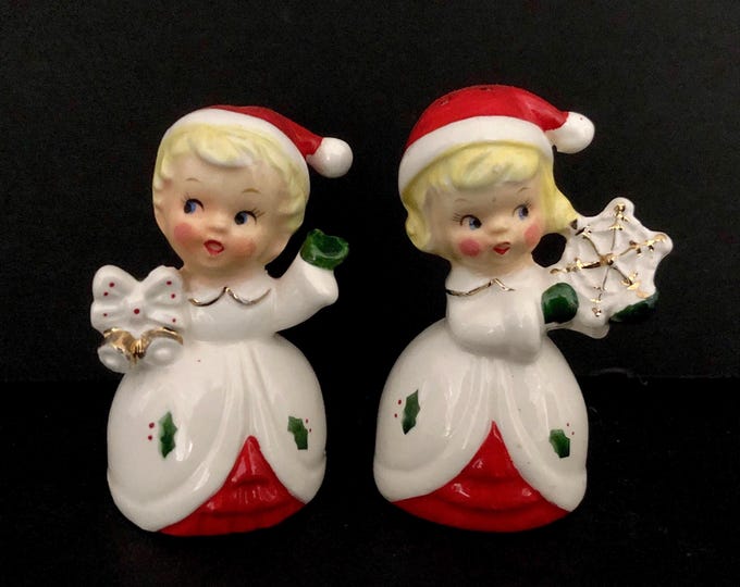Napco Vintage Christmas Santa Hat Merry Christmas Kids Salt Pepper Shakers MCM midcentury