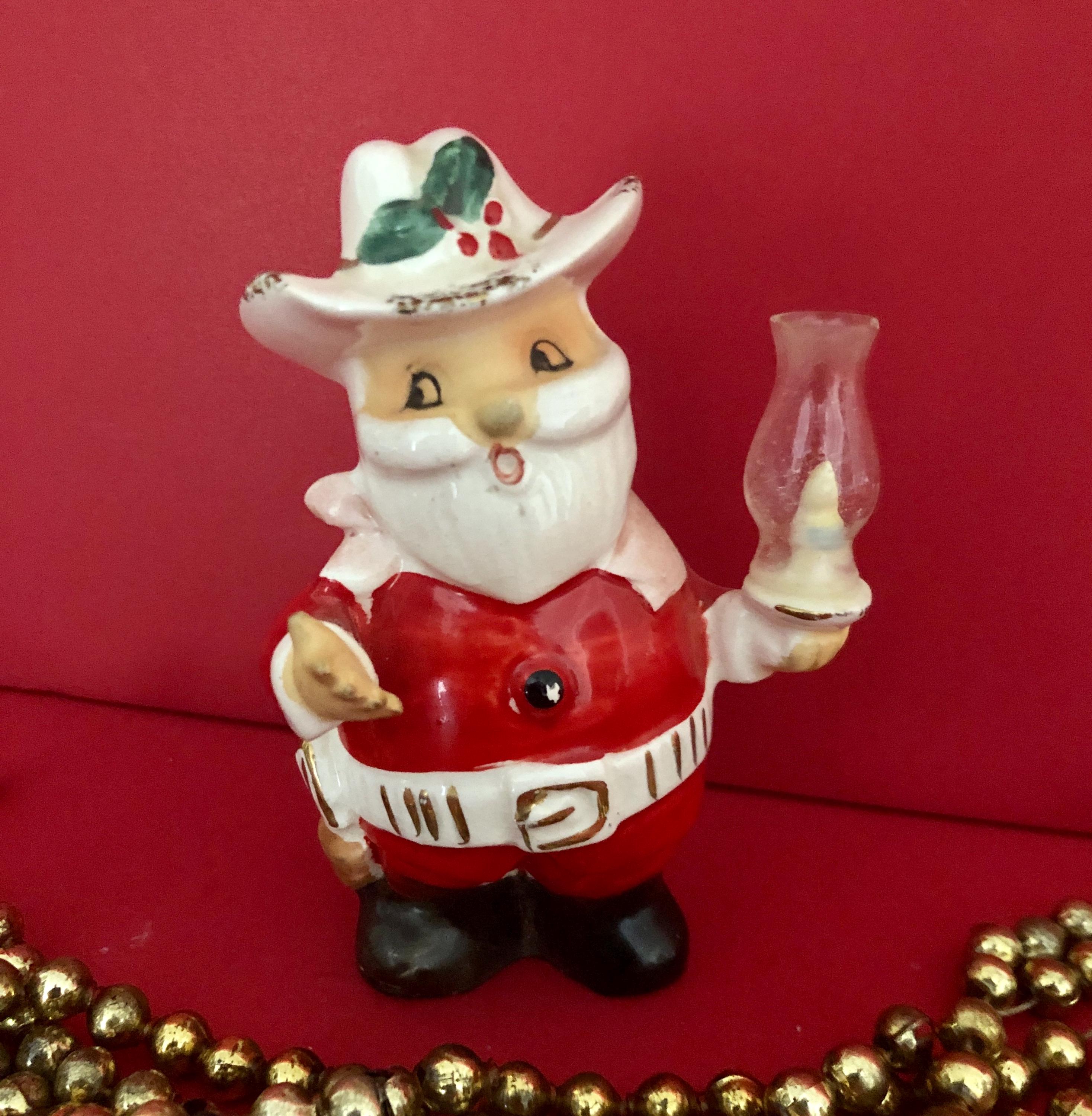 Vintage Christmas Cowboy Santa Holding Hurricane Lamp MCM