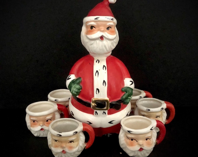 Lefton Vintage Christmas Santa Decanter and shot glasses miniature Santa mugs barware MCM