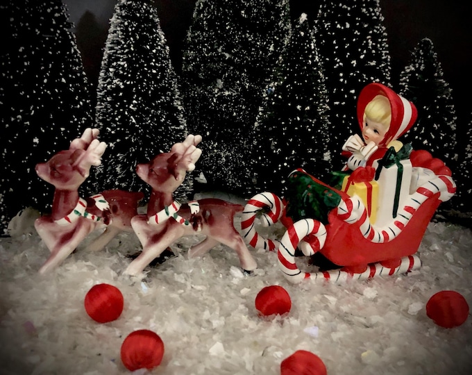 Lefton Vintage Christmas Shopper Sleigh and Reindeer MCM midcentury