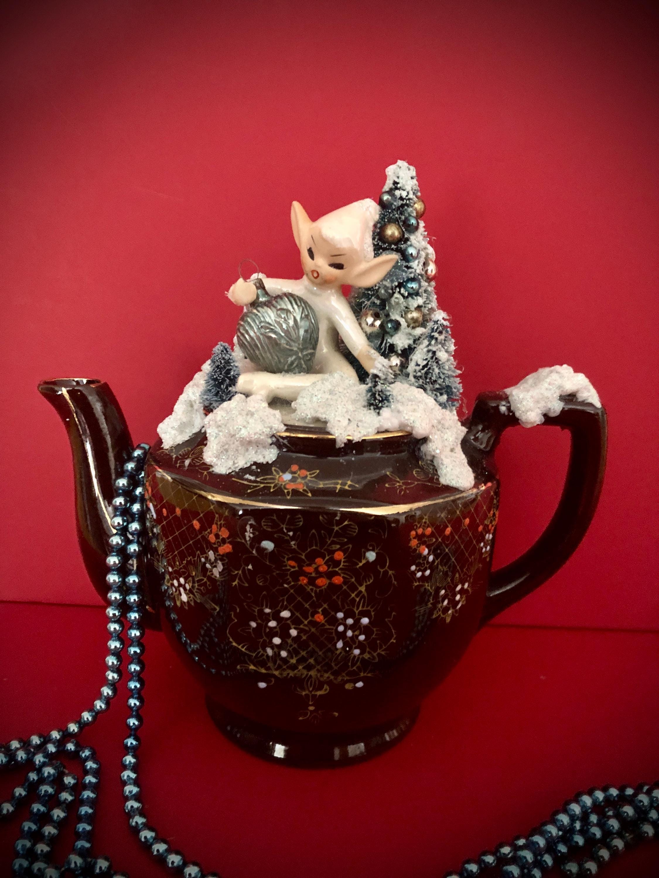 Holt Howard Pixie Vintage Christmas Vignette in a Teapot