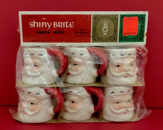 Shiny Brite Christmas Ermine Santa miniature mugs shot glasses in original packaging MCM midcentury mug