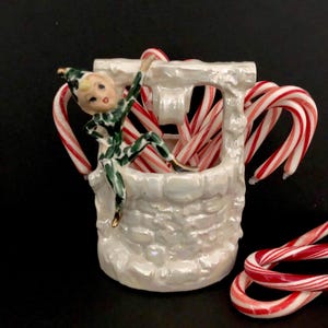 Lefton Pixie on Wishing Well Planter Vintage Christmas MCM midcentury