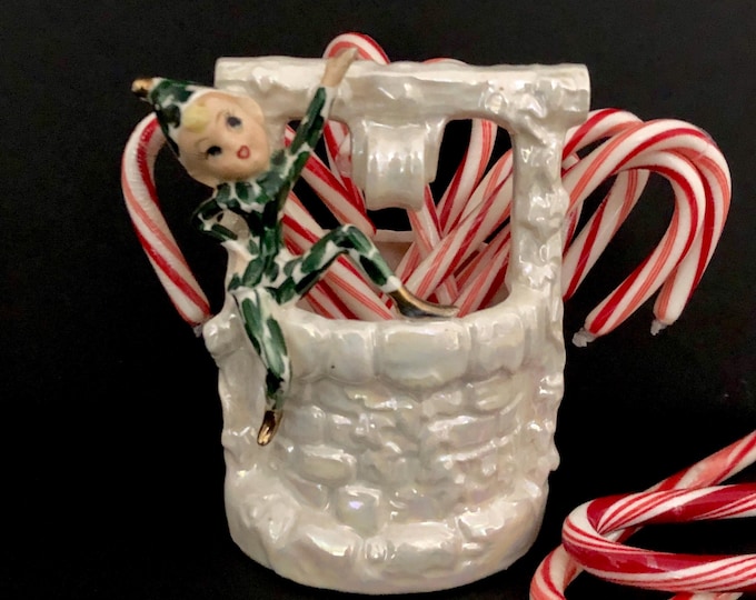 Lefton Pixie on Wishing Well Planter Vintage Christmas MCM midcentury