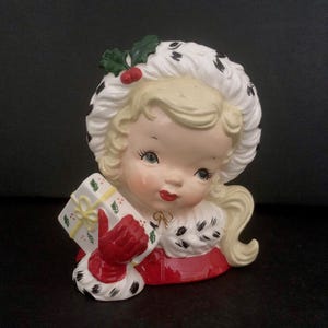 Napco Vintage Christmas Shopper Girl Head Vase Planter MCM midcentury