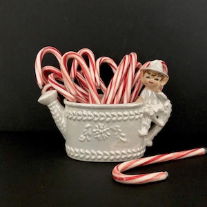 Lefton White Iridescent Elf On Watering Can Planter Vintage Christmas MCM midcentury pixie