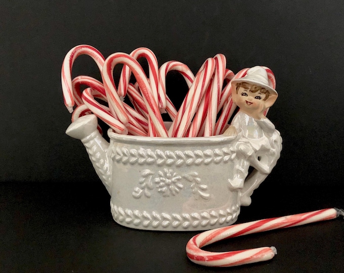 Lefton White Iridescent Elf On Watering Can Planter Vintage Christmas MCM midcentury pixie
