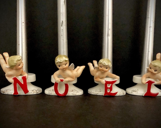 Lefton Vintage Christmas Noel Flying Angels candleholders MCM midcentury