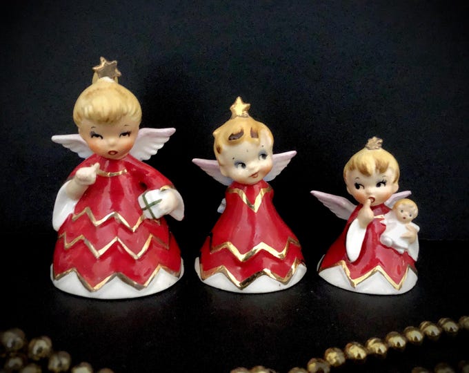 Lefton Vintage Christmas Naughty Sisters Angel Bells MCM midcentury