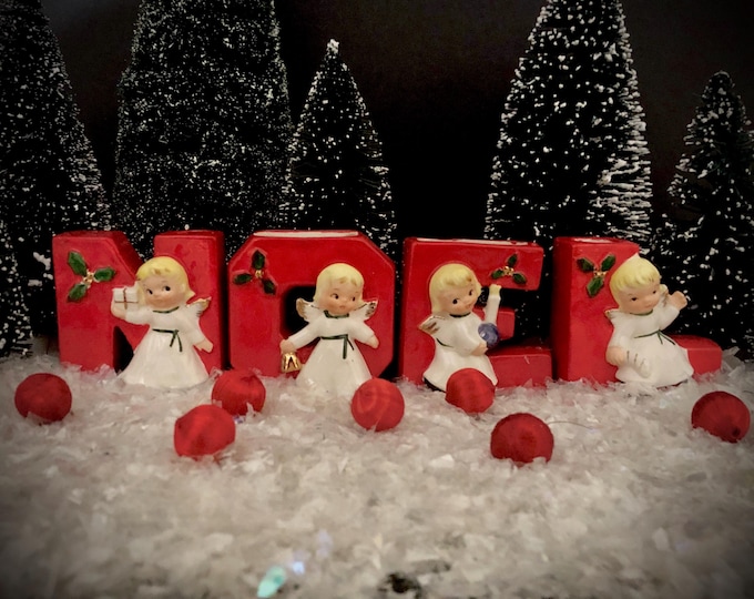 Napco Vintage Christmas Happy Yuletide Quartet in original box Noel vases candleholders MCM midcentury